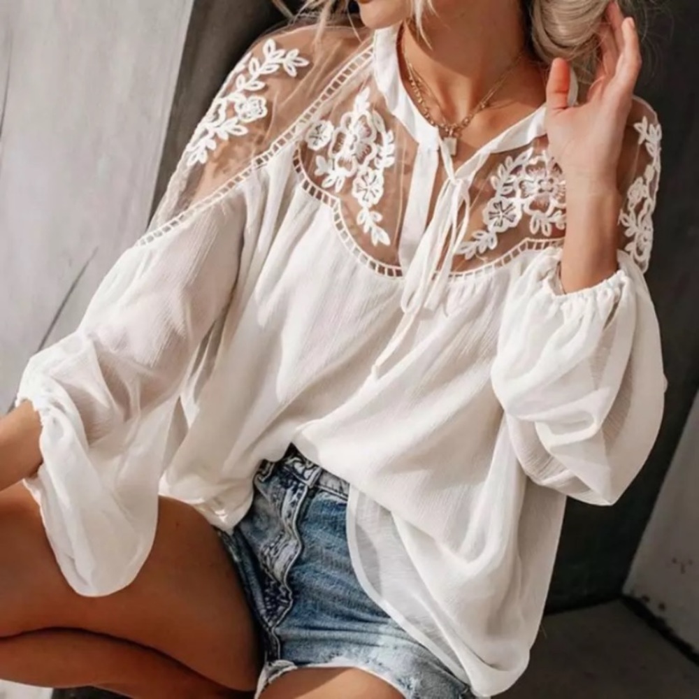 SOLD OUT White Lace Sheer Tie Front Peasant Boho Top Blouse - Picture 3 of 7